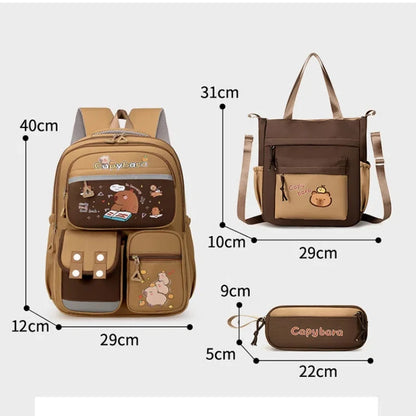 Capybara School Backpack Teens Girls School Bags Set Casual Daypack Kids 3Pcs Book Bag Kawaii Children Schoolbag Travel Backpack