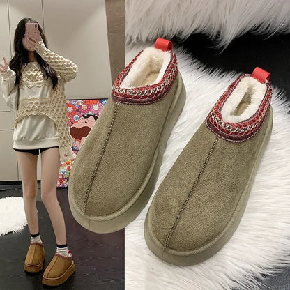 Snow Boots 2024 Winter New Women Cashmere Warm Thick Soles Without Heel-covered Hair Half Slipper Cotton Shoes for Women