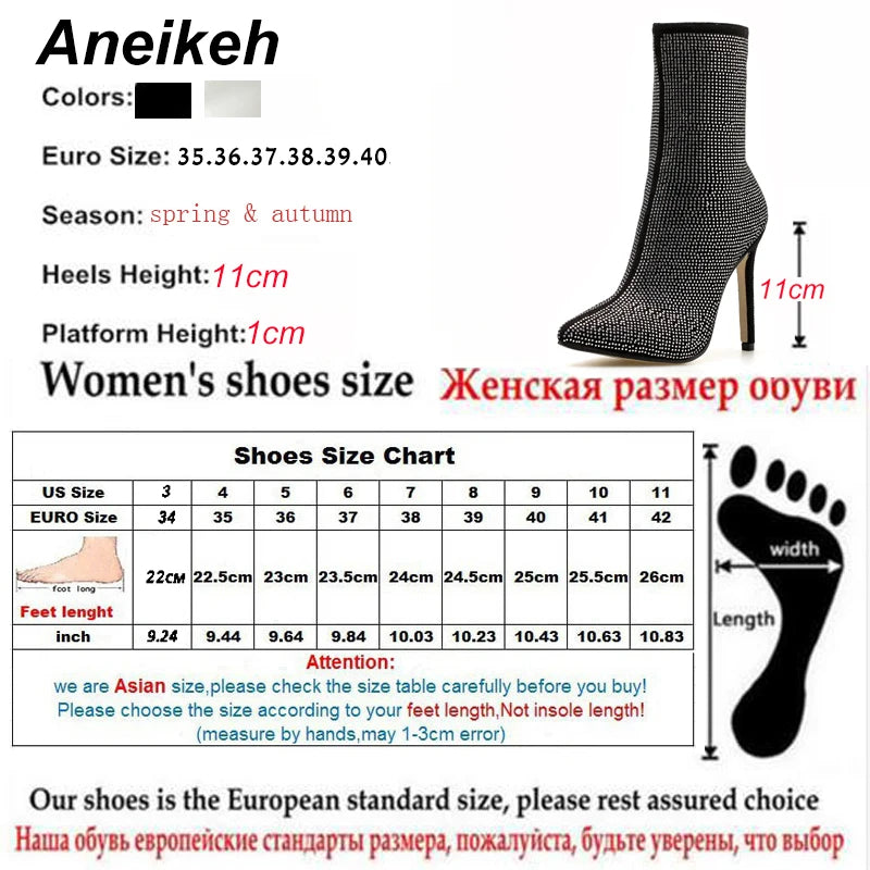 Aneikeh Spring Banquet Sexy Shiny Crystal Rhinestones Women's Ankle Boots High Heels Nightclub Modern Booties For Females Shoes