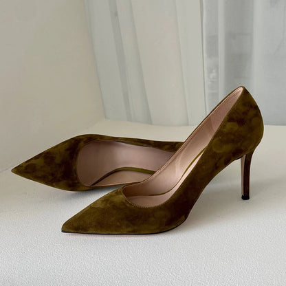 Donna-in Luxury Kid Suede Ladies Pumps Genuine Leather High Heels for Women Elegant Pointed Toe Stiletto Dress New Trendy Colors