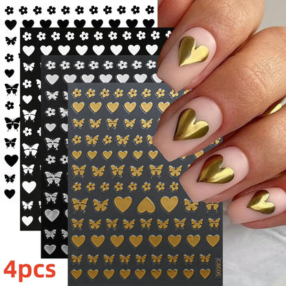 8Pcs Red Heart Nail Stickers 3D Bronzing Silver Gold Heart Shape Star & Moon Metal Totem Nail Slider Self-Adhesive DIY Nail Art*