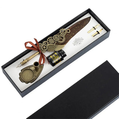 1 Set 0.5mm Quill Pen Ink Set Vintage Steampunk High Quality Gift Feather Dip Pen Set Glittering Signature Quill Pen Ink Set