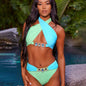 2024 New Sexy Rhinestones Contrasting Colors Bikini Set Halter Two Pieces Swimsuit Lace Up Swimwear Deep-V Bathing Suit