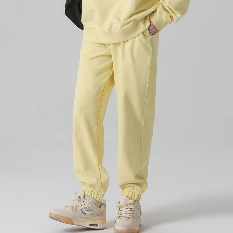 330g Mens 100% Cotton Spring Casual Long Pant French Terry Plain Brown Jogger Sports Trousers Male Flat Unlined Pocket Sweatpant
