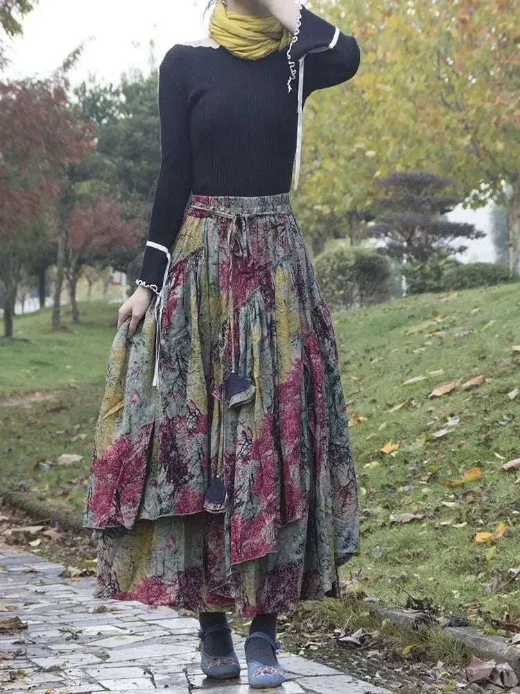 Kalenmos 2021 New Cotton and Linen Woman Medieval Skirt Fashion Flower Print Retro Eid Style Irregular Hem Pleated Skirt
