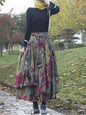 Kalenmos 2021 New Cotton and Linen Woman Medieval Skirt Fashion Flower Print Retro Eid Style Irregular Hem Pleated Skirt