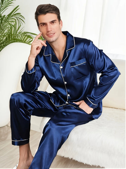 Solid Color Silk Pajamas For Men Long Sleeves Pijama Big size Lounge Male Home Night Wear Suit Satin Pyjama Men's Pajama Sets