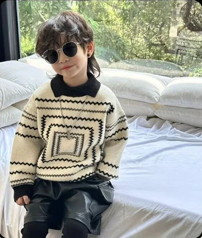 Korean Children's Sweaters Retro Style Boys Fall and Winter Thickening New Winter Baby Knit Shirt Lapel Polo Collar Knit Sweater
