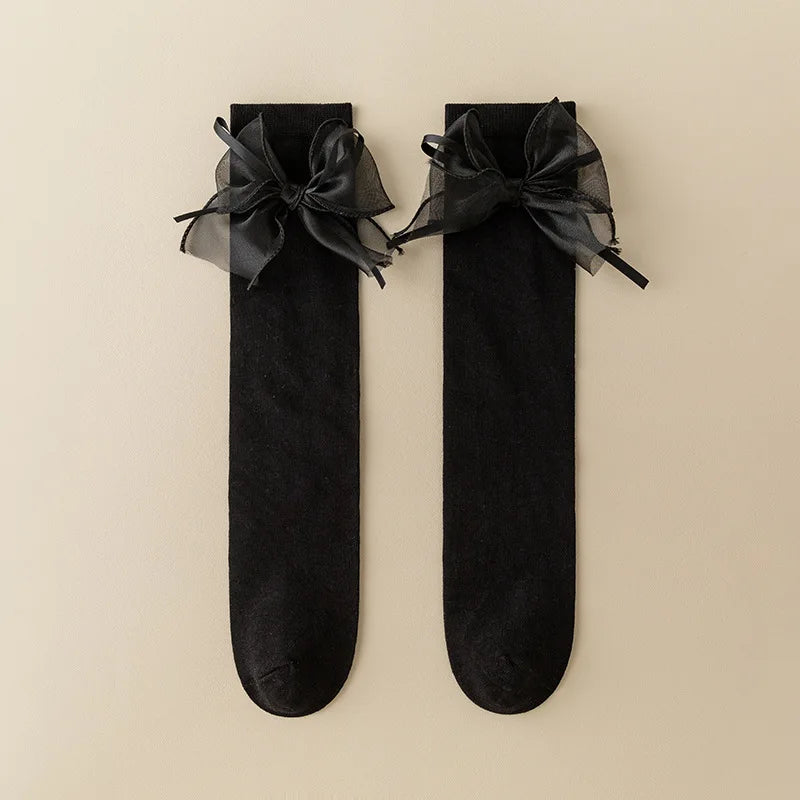Ribbon Bow Kids Stockings Autumn Little Girl Over Knee Socks Solid Color Children Cotton Long Sock Princess Baby Calf Stocking