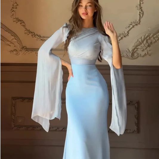 Fashion Satin Solid Robe Dress Women Elegant Batwing Sleeves High Waist Pleats Long Dress Stylish Glass Tulle Slim Evening Dress