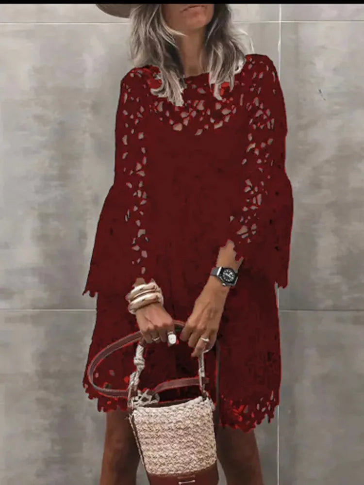 Autumn Women's Solid Color Dress Ethnic Style Sexy Lace Hollow Flower Temperament Elegant Casual Long Sleeved Knee Length Dress