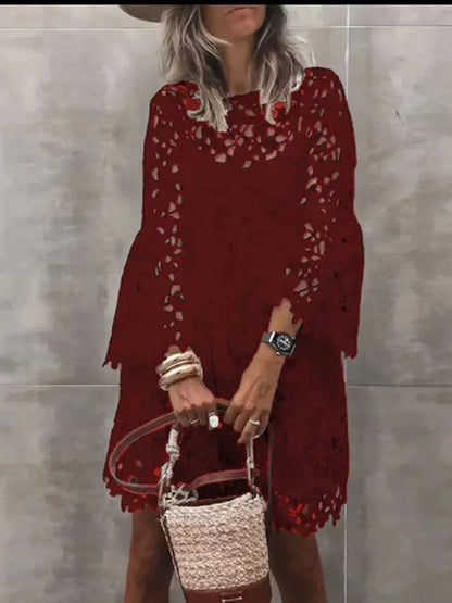 Autumn Women's Solid Color Dress Ethnic Style Sexy Lace Hollow Flower Temperament Elegant Casual Long Sleeved Knee Length Dress