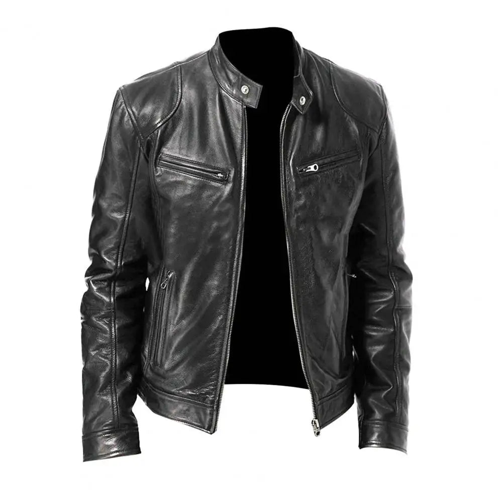 Fashion Mens Leather Jacket Slim Fit Stand Collar PU Jacket Male Anti-wind Motorcycle Lapel Diagonal Zipper Jackets Men 2024
