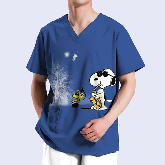 Snoopy print Medical Clothes Men Nursing Uniforms Scrubs Tops Nurse Suits Lab Workwear Dentistry Doctor Costume Plus Size Surgic