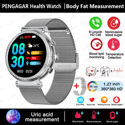 2024 New Women Medical Grade Smart Watch Blood Glucose Uric Acid Blood Lipid Menstrual Health Tester BT Talking smartwatch Women