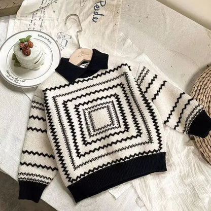 Korean Children's Sweaters Retro Style Boys Fall and Winter Thickening New Winter Baby Knit Shirt Lapel Polo Collar Knit Sweater