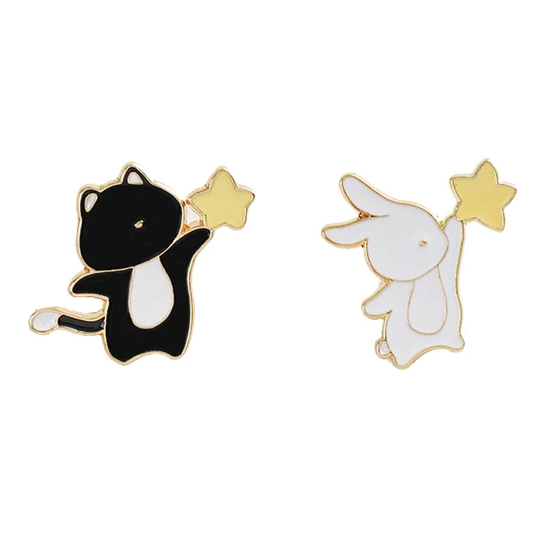 Cartoon Black White Animal Hug Enamel Pins Fox Koi Fish Dinosaur Deer Rabbit Crescent Ghost Alloy Brooch Badge Fashion Jewelry
