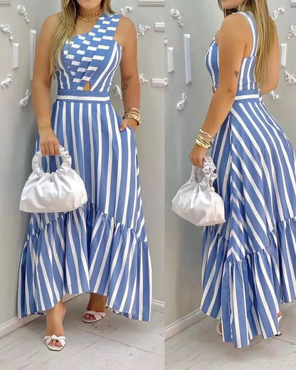 Vestido feminino de fibra sintética com listras verticais, decote assimétrico e saia com babado.