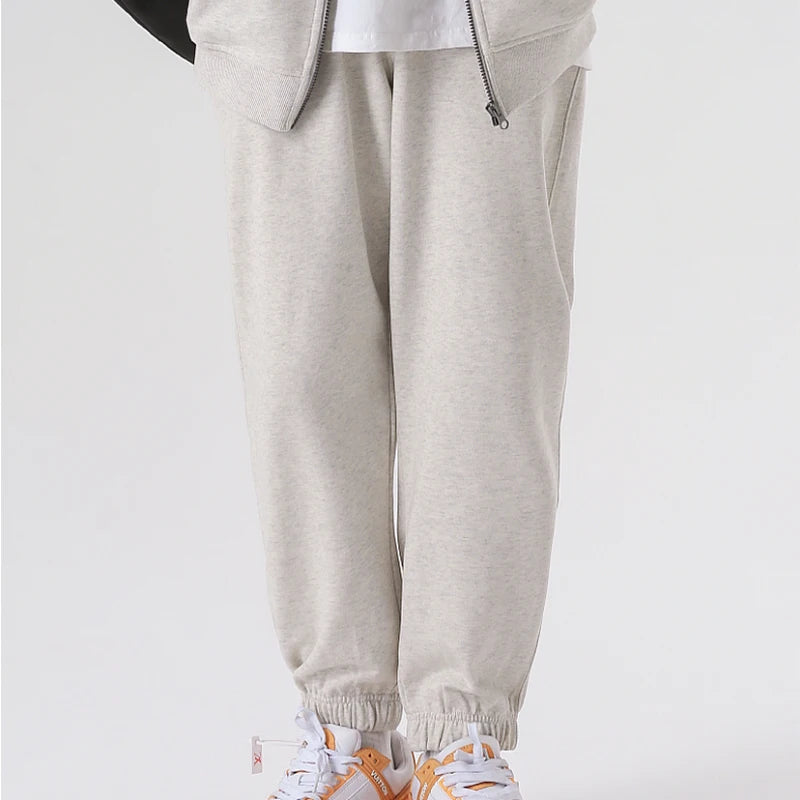 330g Mens 100% Cotton Spring Casual Long Pant French Terry Plain Brown Jogger Sports Trousers Male Flat Unlined Pocket Sweatpant