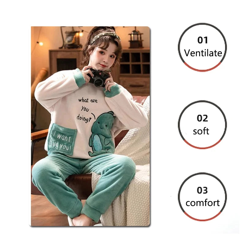 Flannel Warm Sleepwear for Winter Cartoon Long-Sleeved Long Trousers Men Pajamas Two Sets Home Clothing Big Size Thickened