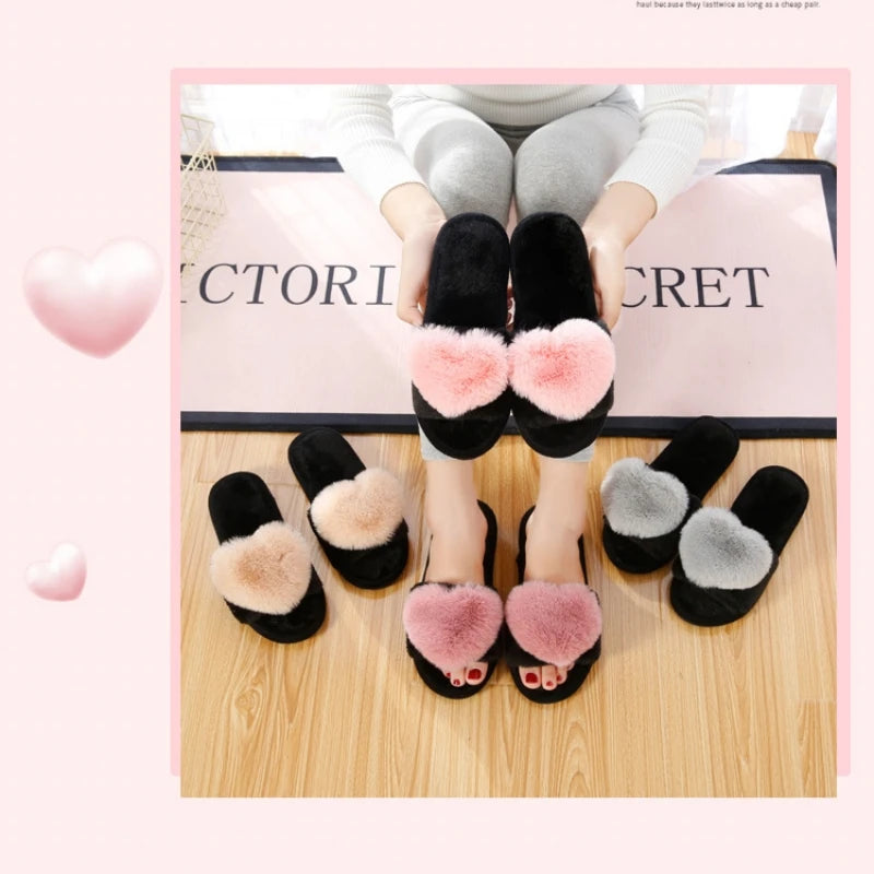 Women Warm Home Slippers Men Indoor Bedroom Cute Heart Pattern Slides Adults Non-slip Plush House Sandals Couples Fashion Shoes