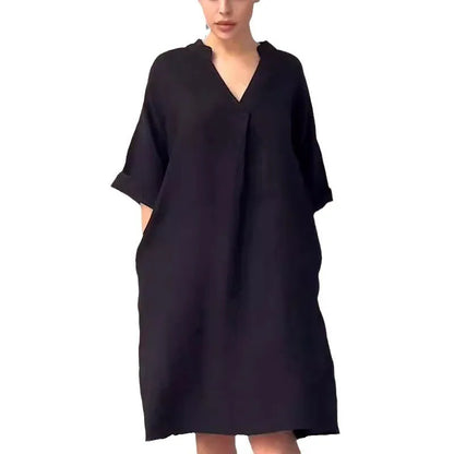 Fashion Cotton And Linen Women's V-neck Loose Dress 2025 Spring And Summer Solid Color Casual Short Sleeved Pocket Midi Dresses