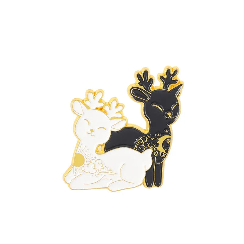 Cartoon Black White Animal Hug Enamel Pins Fox Koi Fish Dinosaur Deer Rabbit Crescent Ghost Alloy Brooch Badge Fashion Jewelry