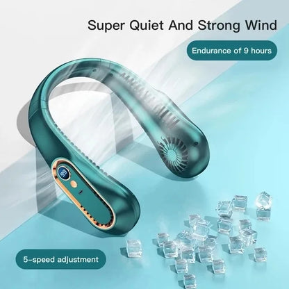 Neck bladeless fan mini ultra long lifespan portable lazy silent fan USB charging student sports office digital display power su