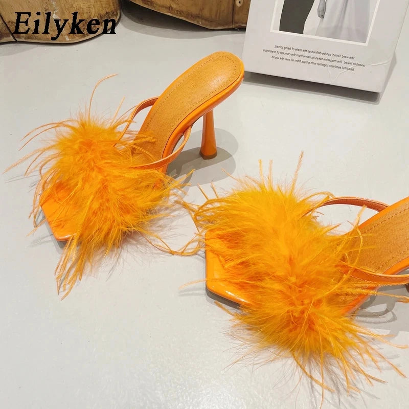 Eilyken Summer Fashion Fluffy Furry Women Slippers Female Gladiator Sandals Party Banquet Mules High Heels Slides Shoes