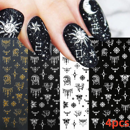 8Pcs Red Heart Nail Stickers 3D Bronzing Silver Gold Heart Shape Star & Moon Metal Totem Nail Slider Self-Adhesive DIY Nail Art*