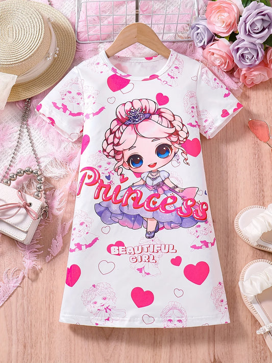 Girl's Cartoon Princess Love Printed Short Sleeved Dress Summer