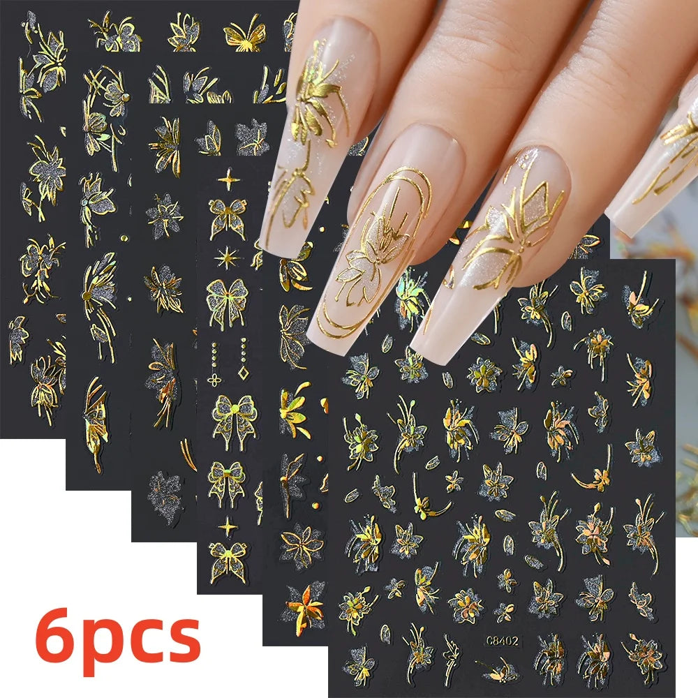 8Pcs Red Heart Nail Stickers 3D Bronzing Silver Gold Heart Shape Star & Moon Metal Totem Nail Slider Self-Adhesive DIY Nail Art*