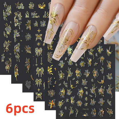 8Pcs Red Heart Nail Stickers 3D Bronzing Silver Gold Heart Shape Star & Moon Metal Totem Nail Slider Self-Adhesive DIY Nail Art*