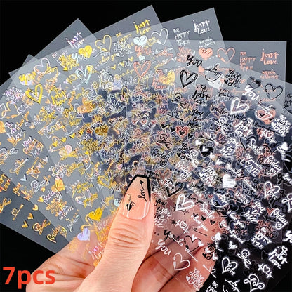8Pcs Red Heart Nail Stickers 3D Bronzing Silver Gold Heart Shape Star & Moon Metal Totem Nail Slider Self-Adhesive DIY Nail Art*