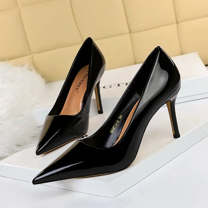 Women 8.5cm High Heels Scarpins Pumps Lady Blue Yellow Silver Glossy Leather Fetish Wedding Bridal Mid Low Heels Party Red Shoes