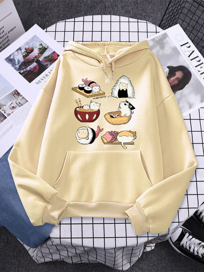Sushi Cat's Day Harajuku Printed Hoody Womens Fashion Loose Clothing Autumn Fleece Sweatshirt Casual O-Neck Female Streetwear