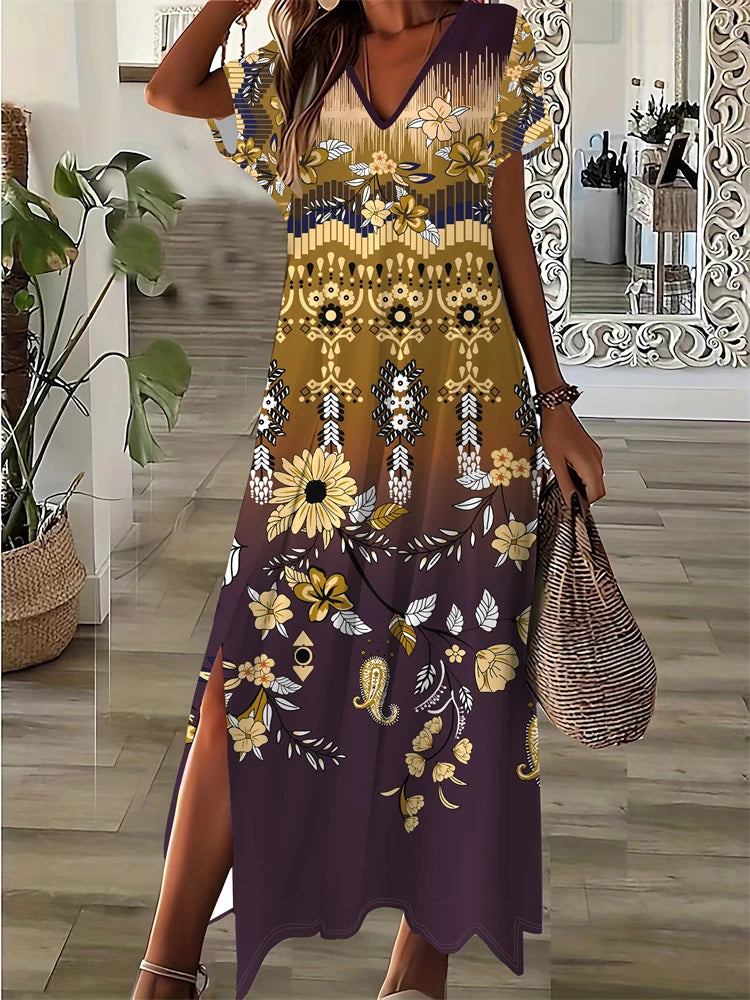 Vintage Geometric Irregular Printed T Shirt Long Women's Summer V-Neck Short Sleeve A-Line Dress Casual Vacation Slit Long Gowns