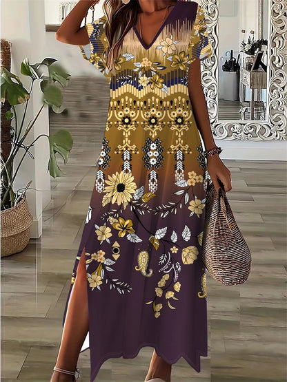 Vintage Geometric Irregular Printed T Shirt Long Women's Summer V-Neck Short Sleeve A-Line Dress Casual Vacation Slit Long Gowns