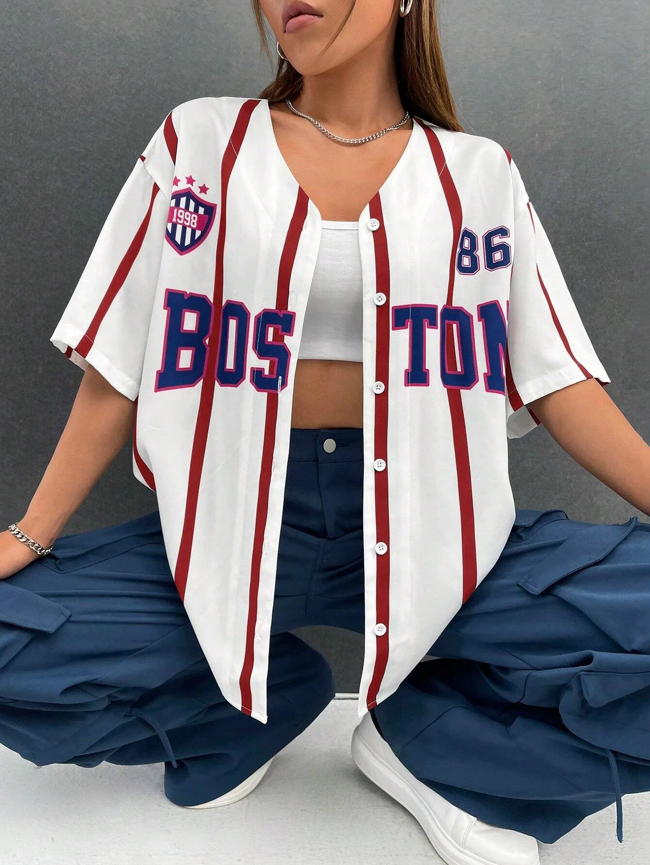 Boston Number 92 Baseball Tshirt Women Fashion Trend Button Baseball Jersey Streetwear SportTshirt Oversized Casual Training Tee