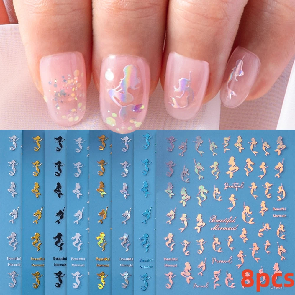 8Pcs Red Heart Nail Stickers 3D Bronzing Silver Gold Heart Shape Star & Moon Metal Totem Nail Slider Self-Adhesive DIY Nail Art*