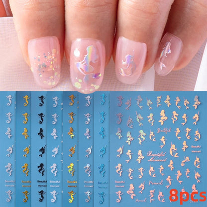 8Pcs Red Heart Nail Stickers 3D Bronzing Silver Gold Heart Shape Star & Moon Metal Totem Nail Slider Self-Adhesive DIY Nail Art*