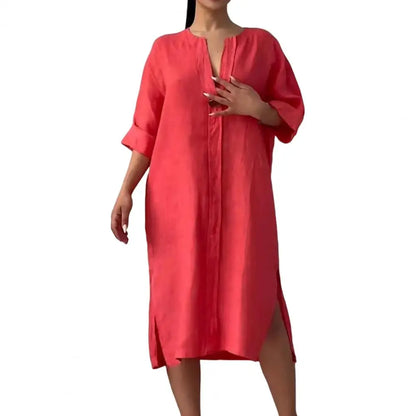 Summer Women Dress V Neck Side Split Loose Pullover Button Pure Color Long Sleeves Casual Daily Wear Midi Dress
