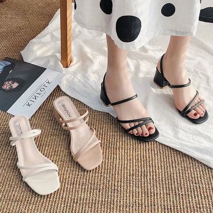 Elegant Woman Heeled Shoes Fairy Sandals 2023 New Version Temperament Medium Heel Sandals Women Outdoor Thick Heeled Women Shoes