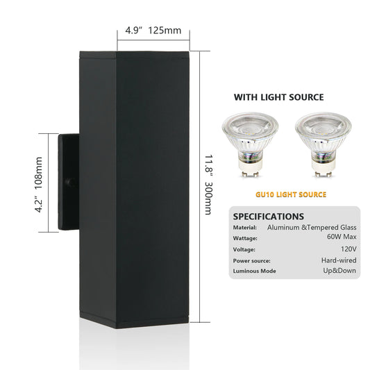 2-Pack Outdoor Wall Light IP65 Waterproof Up & Down GU10 Bulb Wall Sconce Black Aluminum Exterior Light for Porch, Patio, Garage