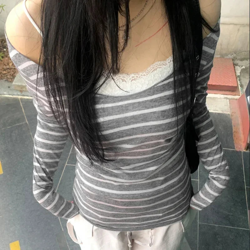 Casual Basic Striped T Shirt Slim O-Neck Long Sleeve Tees Women 2024 Autumn Spring Fashion Streetwear Ladies Underwear