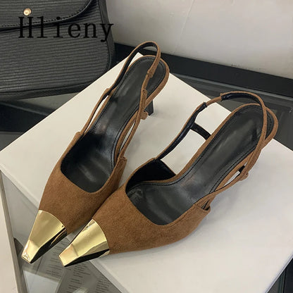 Hlieny Spring Street Style Back Strap Pumps Women Sexy Splicing Pointed Toe Elegant Thin Low Heels Mule Party Dress Shoes Sandal