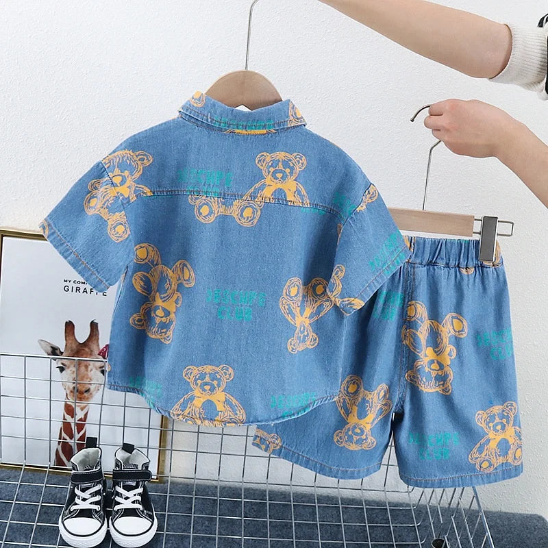 New Summer Boys Denim Clothing Sets Children Fashion Cartoon Bear Coats Shorts 2pcs Tracksuits  Infant Baby Casual Outfits Suits