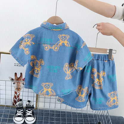 New Summer Boys Denim Clothing Sets Children Fashion Cartoon Bear Coats Shorts 2pcs Tracksuits  Infant Baby Casual Outfits Suits