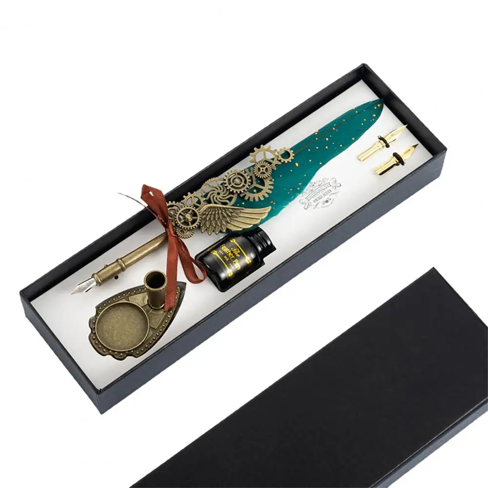 1 Set 0.5mm Quill Pen Ink Set Vintage Steampunk High Quality Gift Feather Dip Pen Set Glittering Signature Quill Pen Ink Set