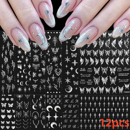 8Pcs Red Heart Nail Stickers 3D Bronzing Silver Gold Heart Shape Star & Moon Metal Totem Nail Slider Self-Adhesive DIY Nail Art*